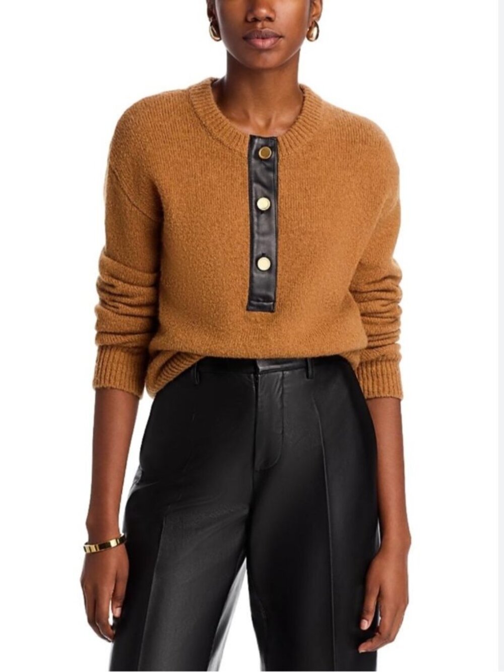 Frame Leather Trim Half Button Alpaca Blend Sweater S